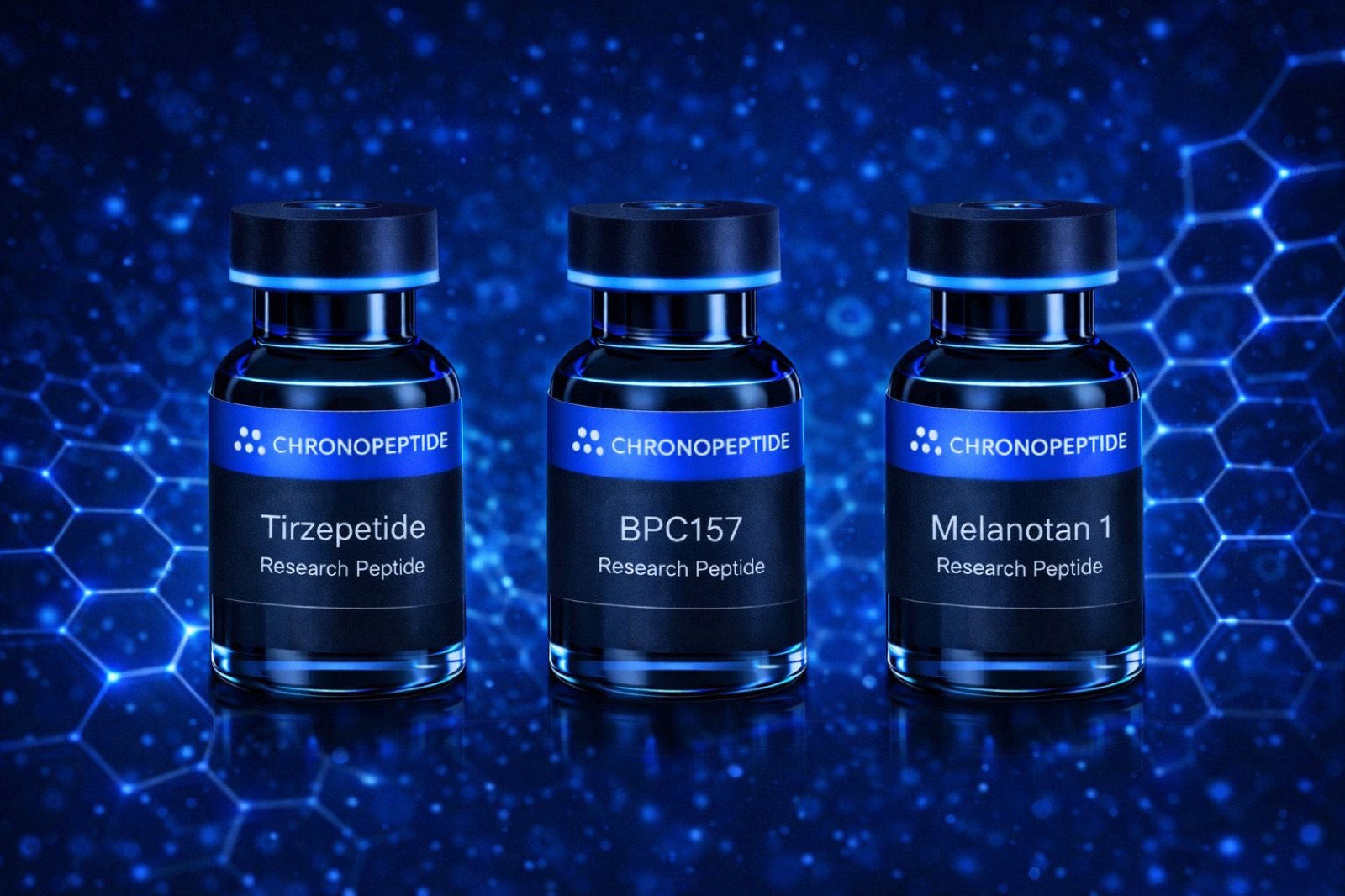 Chronopeptide research peptide vials · Tirzepetide, BPC157, Melanotan 1